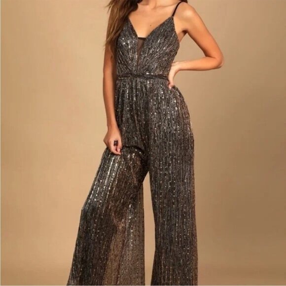 NWT Lulus Disco Party Jumpsuit Wide-Leg XS Black Gold Sparkle 70s Retro New Year - Picture 2 of 16